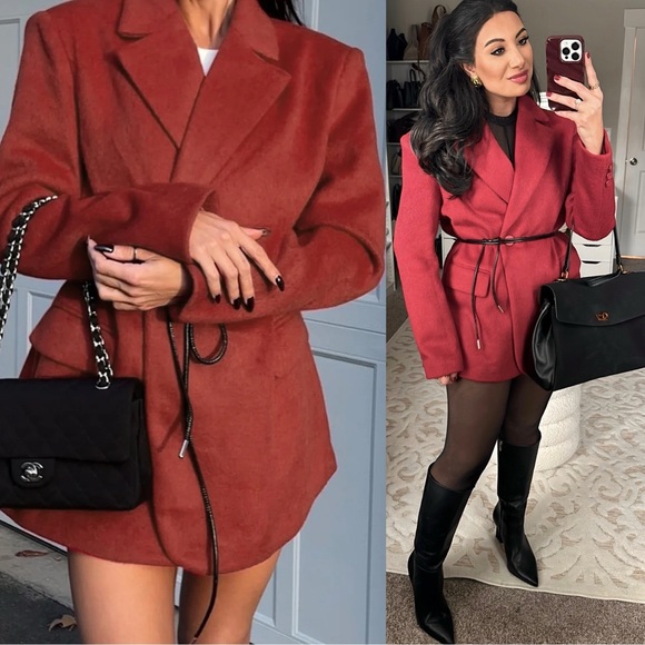 Red wool blend oversized drawstring tie belt blazer jacket - Picture 1 of 9